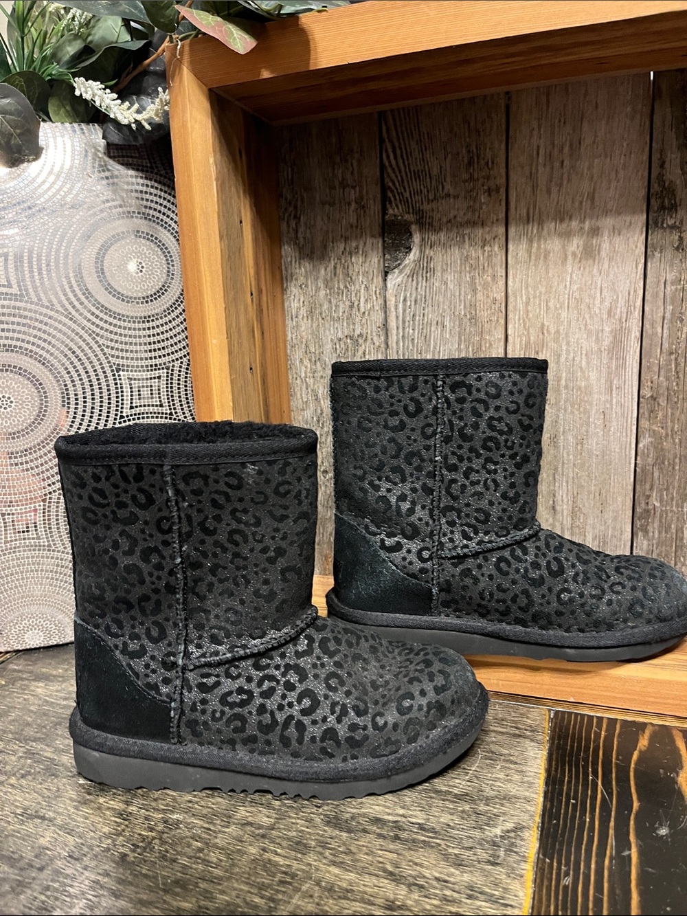 UGG Black Leopard Print Kids Classic Short Boots
